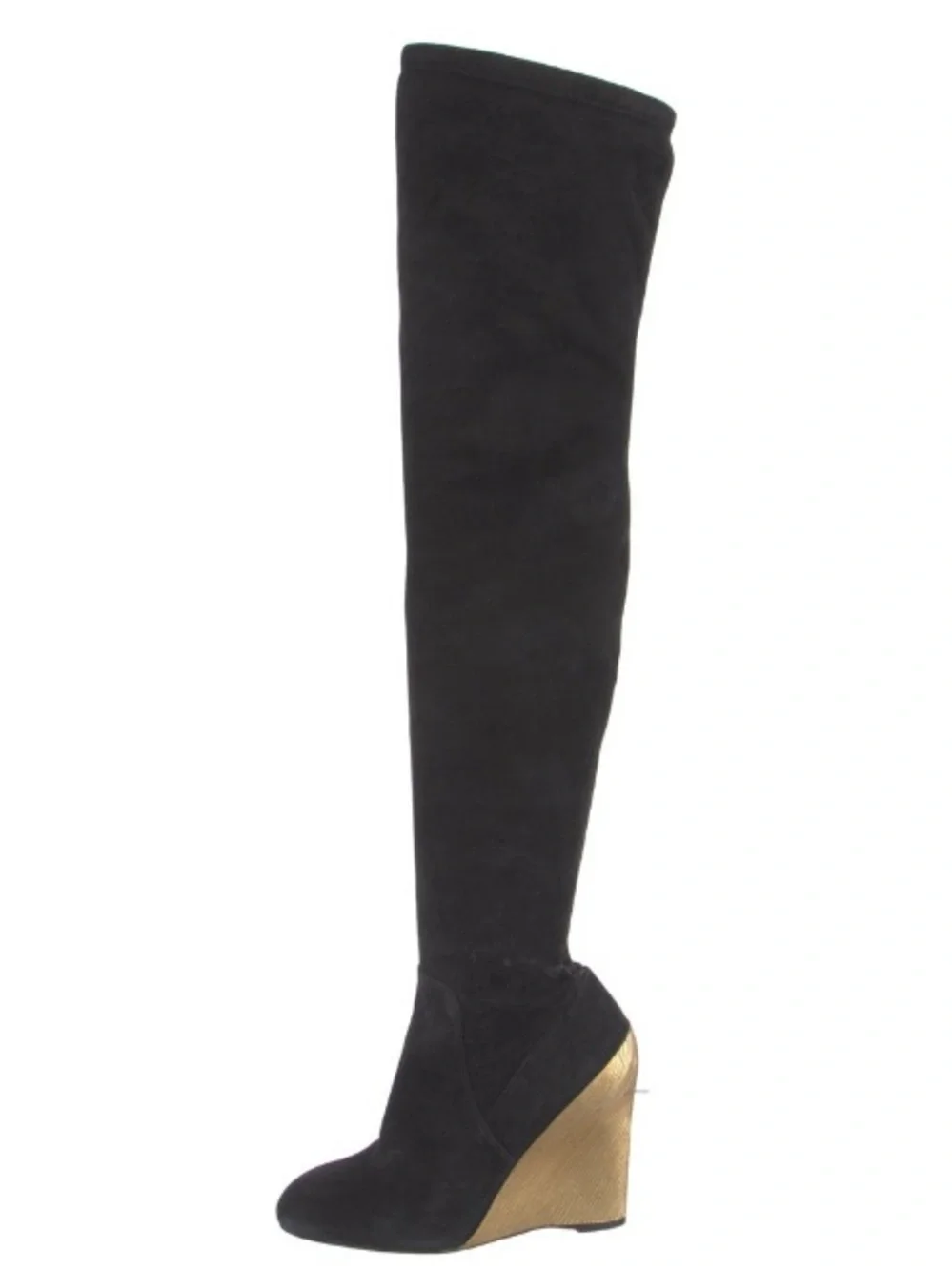 Louis Vuitton Black Over-the-Knee suede Wedge Boot with Gold Accent 38